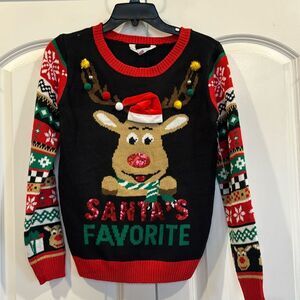 NWT Christmas Sweater Santa’s Favorite Bells Sequins Pom Pom’s small NoBo